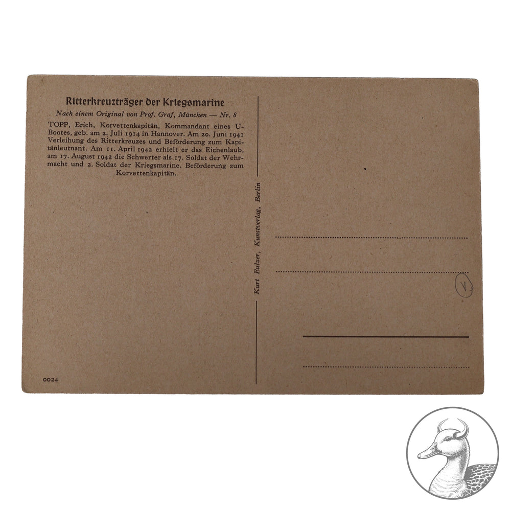 Originale Propagandakarte vom U-Boot Ass Top mit Nachkriegsautograph.

Authentisches und seltenes Zeitdokument aus dem Zeitraum des Dritten Reiches. Schwerterträger Topp versenkte als U-Boot-Kommandant 32 Schiffe und gilt als einer der erfolgreichsten U-Boot Asse.