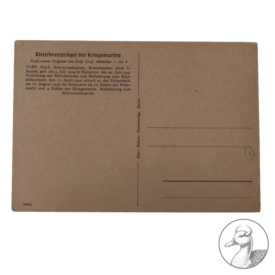 Originale Propagandakarte vom U-Boot Ass Top mit Nachkriegsautograph.

Authentisches und seltenes Zeitdokument aus dem Zeitraum des Dritten Reiches. Schwerterträger Topp versenkte als U-Boot-Kommandant 32 Schiffe und gilt als einer der erfolgreichsten U-Boot Asse.