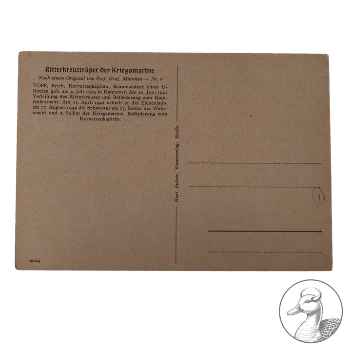Originale Propagandakarte vom U-Boot Ass Top mit Nachkriegsautograph.

Authentisches und seltenes Zeitdokument aus dem Zeitraum des Dritten Reiches. Schwerterträger Topp versenkte als U-Boot-Kommandant 32 Schiffe und gilt als einer der erfolgreichsten U-Boot Asse.