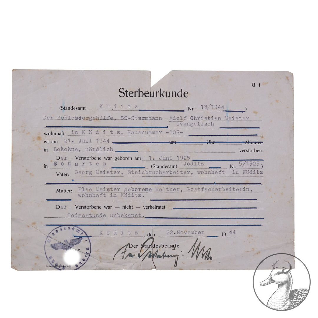 Originales Konvolut/Nachlass eines SS-Sturmmann&nbsp; Besitzzeugnis Sturmabzeichen / Feldpostbenachrichtigung und Sterbeurkunde + Portrait&nbsp; SS-Panzer Pionier-Bataillon 3



Urkunde zum Sturmabzeichen verliehen nach dem Tode unterschrieben vom SS Sturmbannführer und Träger des Deutschen Kreuz in Gold Ludwig Schwermann.Schwermann wurde 1953 in Russland hingerichtet.

Dazu ein Portrait des Soldaten und die Sterbeurkunde von 1944 sowie eine Bestätigung von 1947 über seinen Tod.Selten zu bekommende Dokument