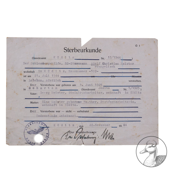 Originales Konvolut/Nachlass eines SS-Sturmmann&nbsp; Besitzzeugnis Sturmabzeichen / Feldpostbenachrichtigung und Sterbeurkunde + Portrait&nbsp; SS-Panzer Pionier-Bataillon 3



Urkunde zum Sturmabzeichen verliehen nach dem Tode unterschrieben vom SS Sturmbannführer und Träger des Deutschen Kreuz in Gold Ludwig Schwermann.Schwermann wurde 1953 in Russland hingerichtet.

Dazu ein Portrait des Soldaten und die Sterbeurkunde von 1944 sowie eine Bestätigung von 1947 über seinen Tod.Selten zu bekommende Dokument