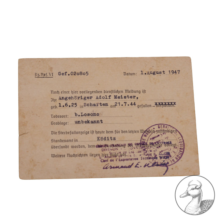 Originales Konvolut/Nachlass eines SS-Sturmmann&nbsp; Besitzzeugnis Sturmabzeichen / Feldpostbenachrichtigung und Sterbeurkunde + Portrait&nbsp; SS-Panzer Pionier-Bataillon 3



Urkunde zum Sturmabzeichen verliehen nach dem Tode unterschrieben vom SS Sturmbannführer und Träger des Deutschen Kreuz in Gold Ludwig Schwermann.Schwermann wurde 1953 in Russland hingerichtet.

Dazu ein Portrait des Soldaten und die Sterbeurkunde von 1944 sowie eine Bestätigung von 1947 über seinen Tod.Selten zu bekommende Dokument