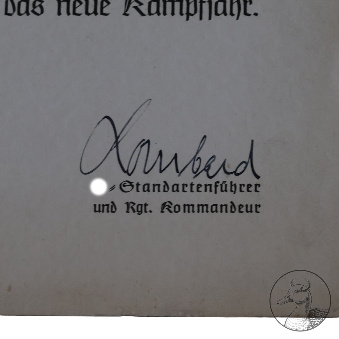 Originale Urkunden aus dem Nachlass von Major Hans Kaestner Kommandeur Artillerie Regiment 256.

Drei extrem seltene Urkunden aus dem Besitz von Hans Kaestner,die das Zusammenarbeiten zwischen Heer und Waffen-SS wiederspiegeln,einemalige Gelegenheit diese seltenen Exponate zu erwerben.

Es handelt sich hierbei um folgende Urkunden:

Große Urkunden zum Deutschen Kreuz in Gold an Major Kaestner&nbsp; 25.5.1942 unterschrieben von Feldmarschall Keitel
Große Verleihungsurkunde für den SS-Ehrendegen von Reichsfüh