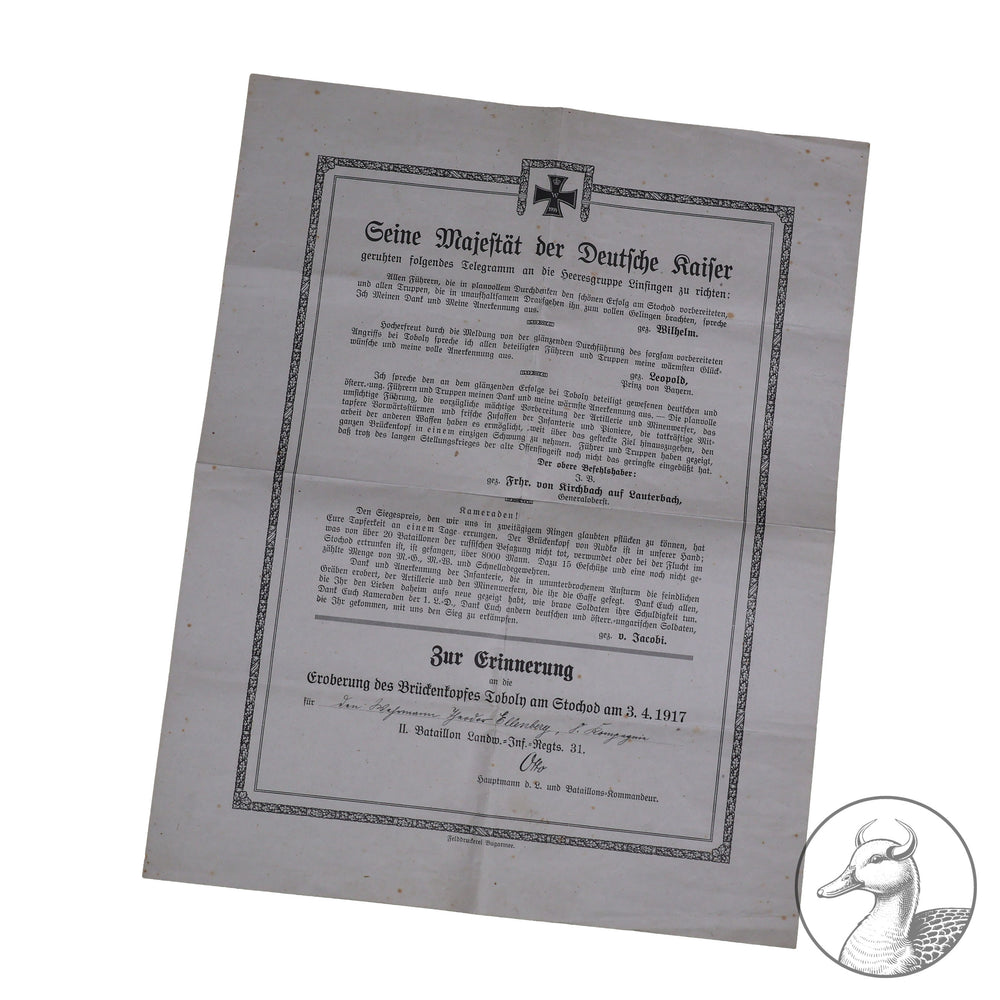 Seltene Gruppe Ostfront Kampf in der Ukraine 1917.

Urkunde zum EK 2 und ein seltenes Erinnerungsblatt über die Einnahme des Brückenkopfes Toboly am Stochod Ukraine, an der das Landwehr Regiment 31 beteiligt war. Dazu noch ein Führungszeugniss des Soldaten.