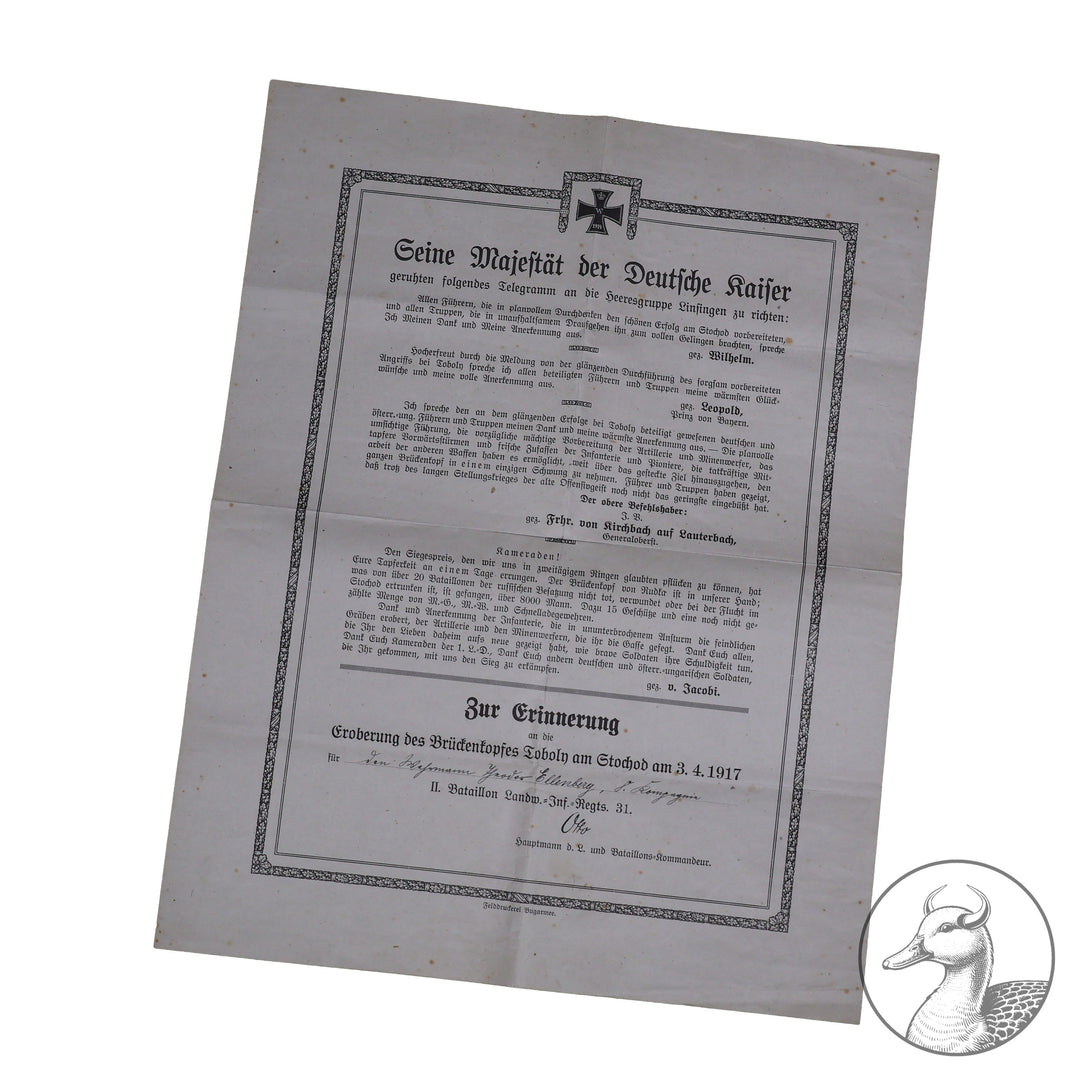 Seltene Gruppe Ostfront Kampf in der Ukraine 1917.

Urkunde zum EK 2 und ein seltenes Erinnerungsblatt über die Einnahme des Brückenkopfes Toboly am Stochod Ukraine, an der das Landwehr Regiment 31 beteiligt war. Dazu noch ein Führungszeugniss des Soldaten.
