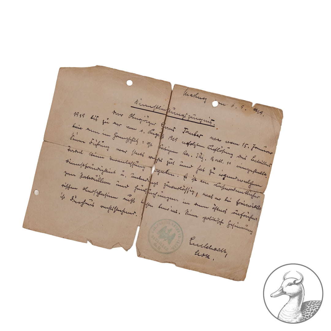 Dokumentengruppe Gruppe des Soldaten Tauber Johannes.

Interessante Gruppe, da Tauber Dienst im Grenzschutz Schlesien tat und dafür mit beiden Schlesischen Adler 1. und zweite Klasse ausgezeichnet wurde. Dazu einige Dokumente und sein Wehrpass.