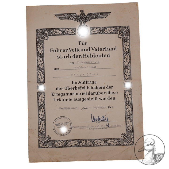 Sterbeurkunde für einen Soldaten der Kriegsmarine .