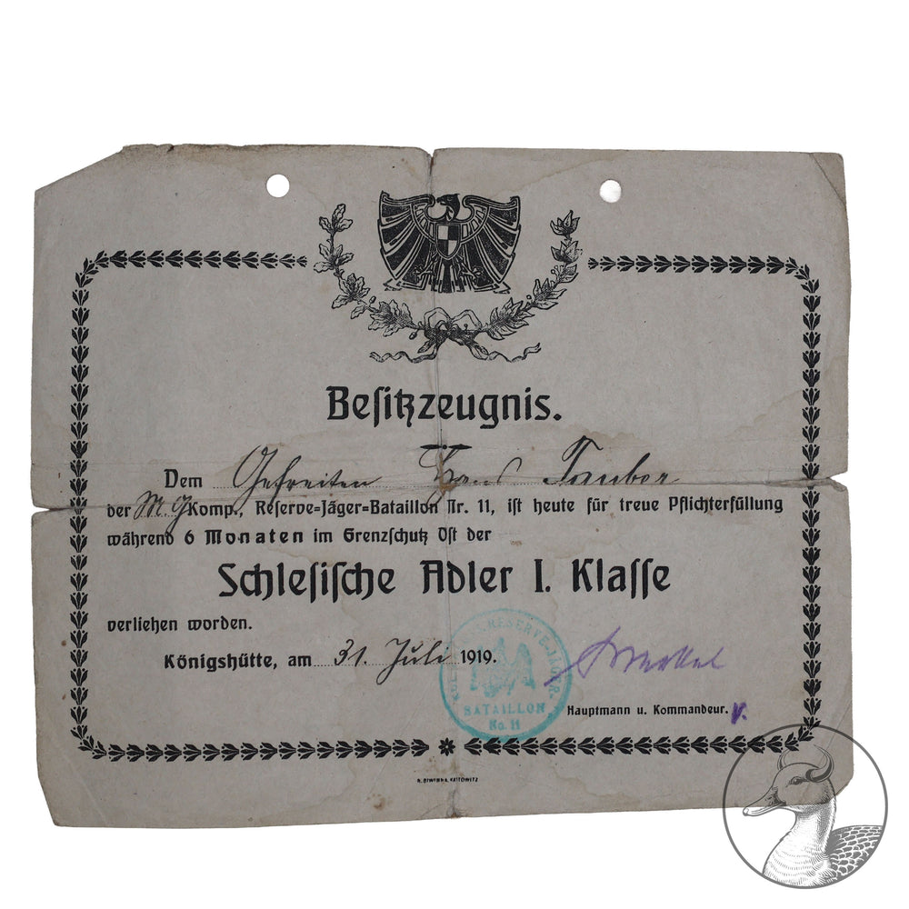 Dokumentengruppe Gruppe des Soldaten Tauber Johannes.

Interessante Gruppe, da Tauber Dienst im Grenzschutz Schlesien tat und dafür mit beiden Schlesischen Adler 1. und zweite Klasse ausgezeichnet wurde. Dazu einige Dokumente und sein Wehrpass.