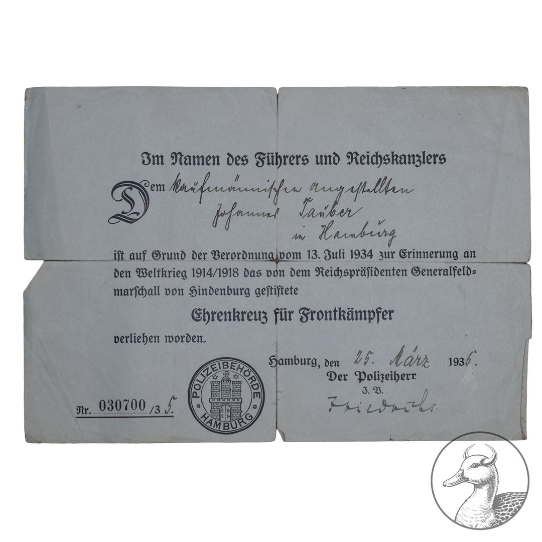 Dokumentengruppe Gruppe des Soldaten Tauber Johannes.

Interessante Gruppe, da Tauber Dienst im Grenzschutz Schlesien tat und dafür mit beiden Schlesischen Adler 1. und zweite Klasse ausgezeichnet wurde. Dazu einige Dokumente und sein Wehrpass.