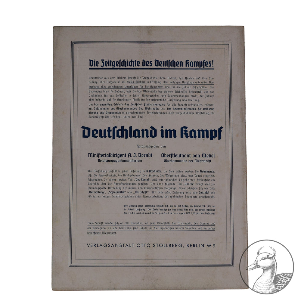 Zeitschrift der Auslands-Organisation der NSDAP "Deutsches Wollen" Jahrgang 1 Berlin, Oktober 1939 Nr. 11

Zeitschrift "Der Krieg auf See", "Motorisierte Wehrmacht", "Kriegsschauplatz England" 32 Seiten