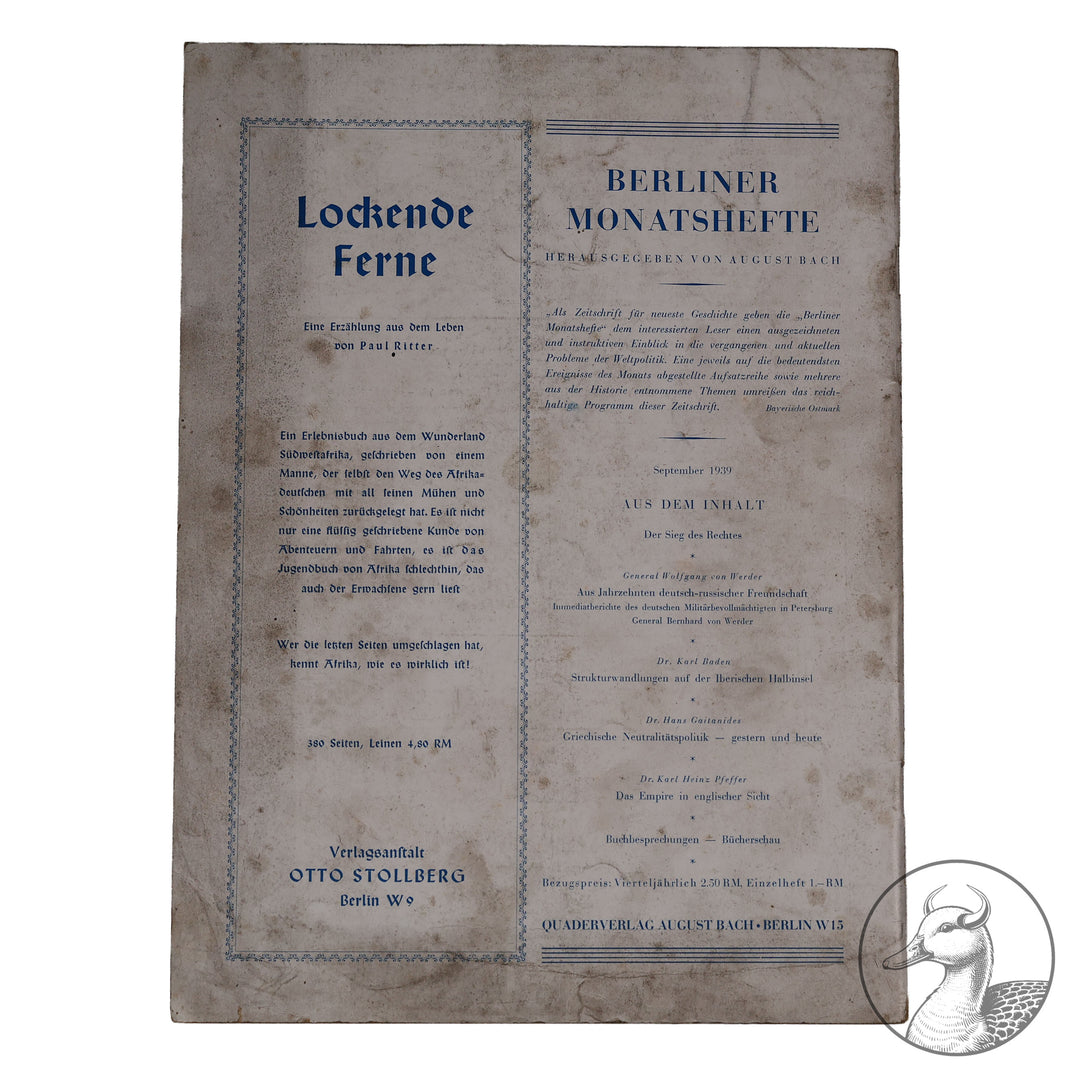 Zeitschrift der Auslands-Organisation der NSDAP "Deutsches Wollen" Jahrgang 1 Berlin, Oktober 1939 Nr. 10

Zeitschrift "Deutschland nach 5 Wochen Krieg", "Blick nach Westen", "Churchillismus - Hitlerismus", "Hungerkrieg nach altem Vorbild", "Die Frauen an der inneren Front" / 34 Seiten