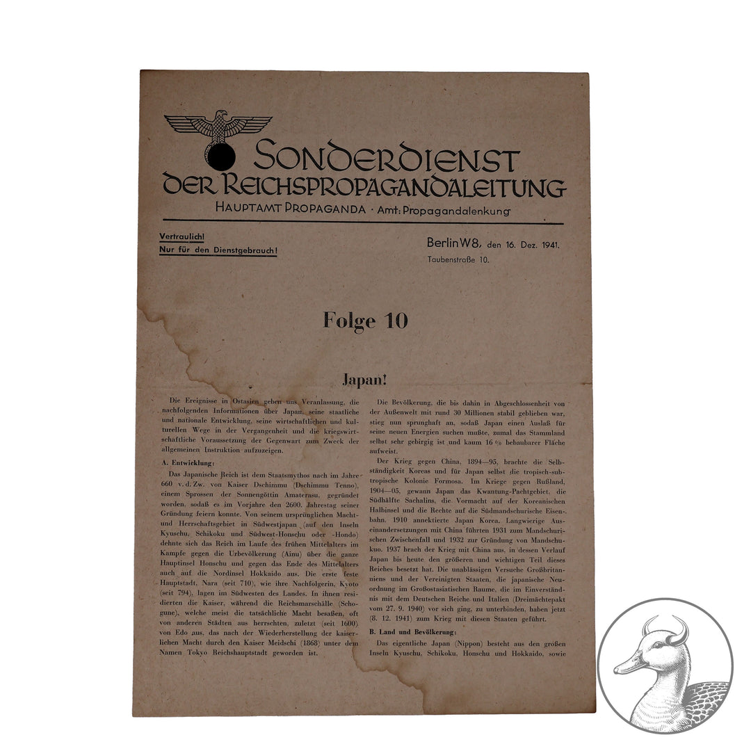 Schulungsblatt Hauptamt Propaganda

Sonderdienst der Reichspropagandaleitung "Japan!" Folge 10 von 1941 mit dem Verweis: Vertraulich nur für den Dienstgebrauch-selten