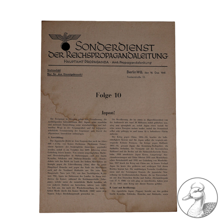 Schulungsblatt Hauptamt Propaganda

Sonderdienst der Reichspropagandaleitung "Japan!" Folge 10 von 1941 mit dem Verweis: Vertraulich nur für den Dienstgebrauch-selten