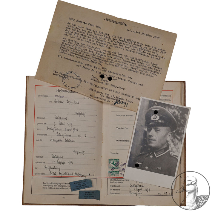 Deutsches Einheits-Familienstammbuch wohnhaft Stuttgart Feldwebel Portrait und Teilabschrift

Persönlicher kleiner Nachlass - Stammbuch inkl. Portrait des Feldwebels und der Meldung an seine Frau März 1945.