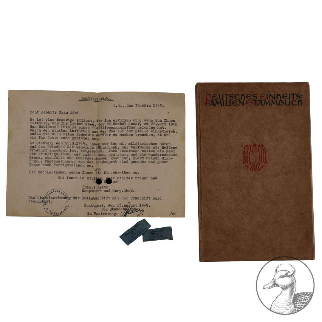 Deutsches Einheits-Familienstammbuch wohnhaft Stuttgart Feldwebel Portrait und Teilabschrift

Persönlicher kleiner Nachlass - Stammbuch inkl. Portrait des Feldwebels und der Meldung an seine Frau März 1945.