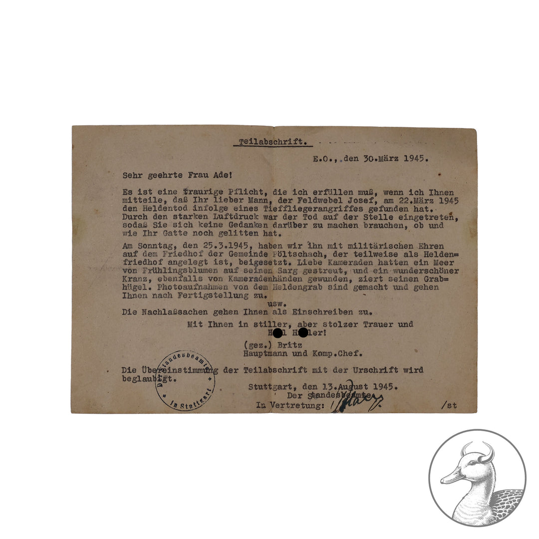 Deutsches Einheits-Familienstammbuch wohnhaft Stuttgart Feldwebel Portrait und Teilabschrift

Persönlicher kleiner Nachlass - Stammbuch inkl. Portrait des Feldwebels und der Meldung an seine Frau März 1945.