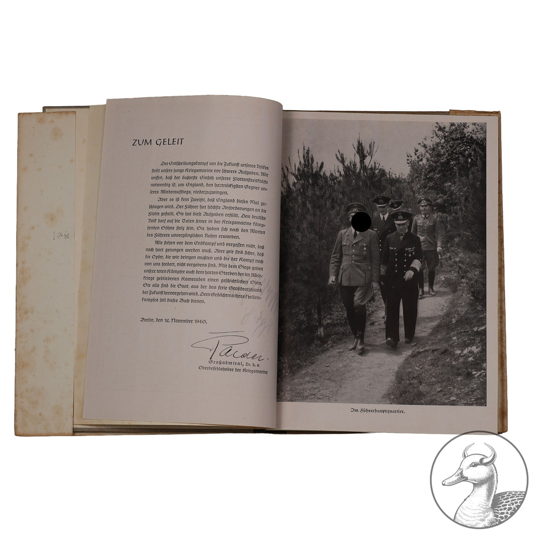 Kriegsmarine am Feind - Ein Bildbericht über den deutschen Freiheitskampf zur See von Friedrich Meier

Auflage 180 000 / Berlin 1940 / 237 Seiten / Verlag Erich Klinghammer - gestempelt mit "Gebietsausscheidung Reichsseesport-Wettkampf 1941" und Signatur.