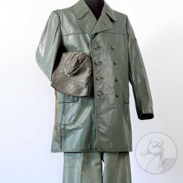 Originales Set Wachmantel Lederkombination der deutschen Kriegsmarine zweiter Weltkrieg (Mantel/Hose + Mütze)